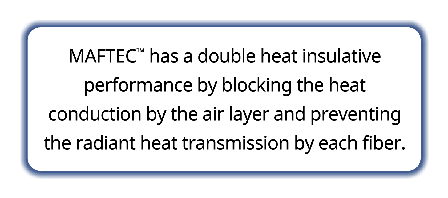 MAFTEC ™ has a double heat insulative performance by blocking the heat conduction by the air layer and preventing the radiant heat transmission by each fiber.